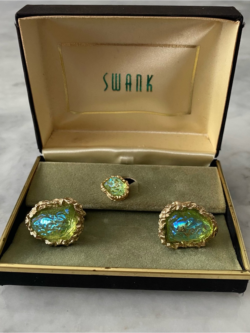 50’s Swank Cufflink And Tie Tack Set New In Box Gold Nugget Irridescent Stone